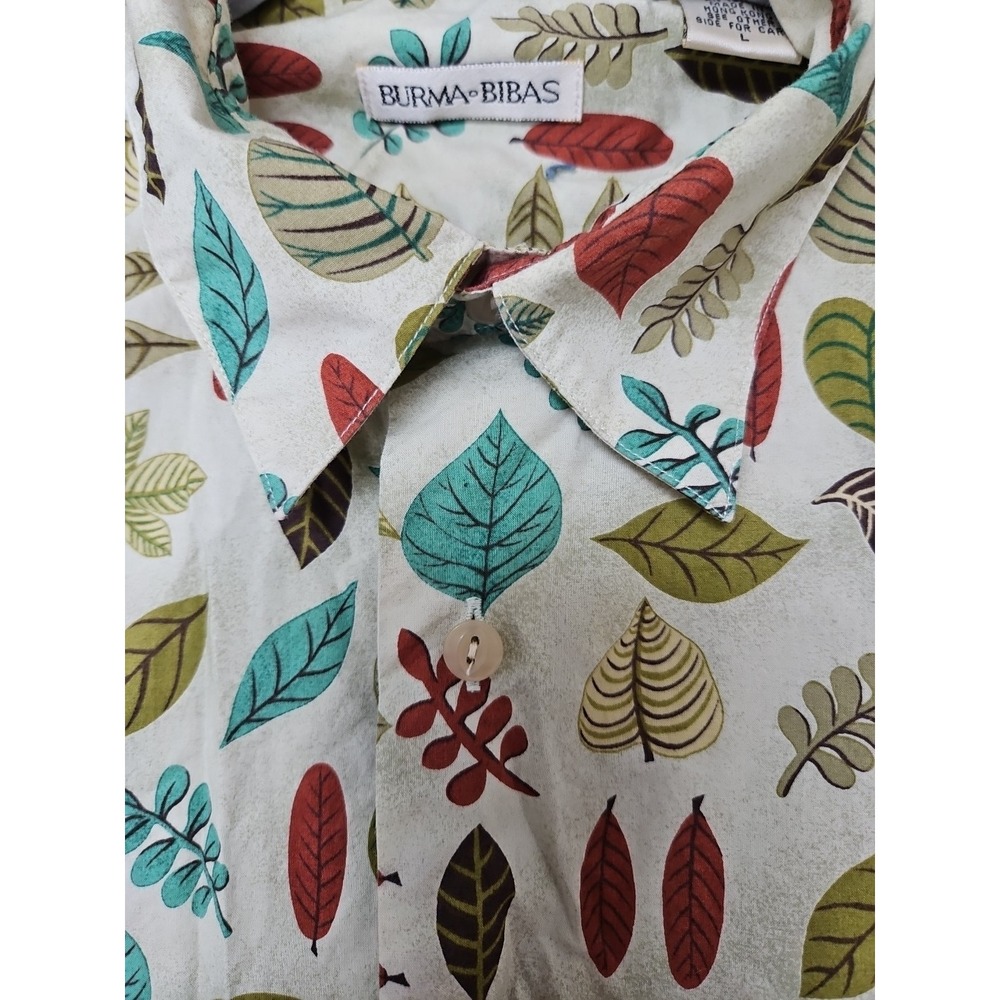Burma Bibas Shirt Mens  Large Creme Green 100% Cotton Nature Leaves - Picture 4 of 10